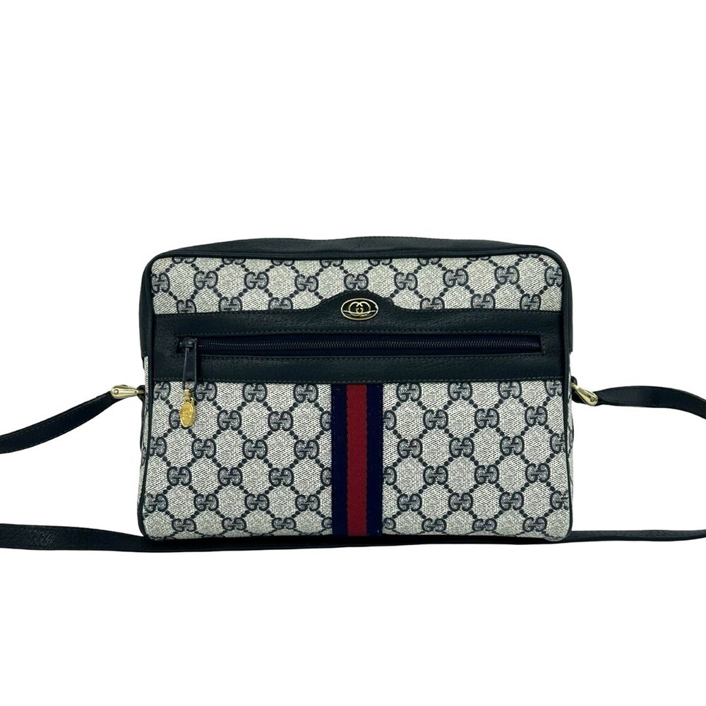 GUCCI (Old Gucci) Sherry Line GG Logo Pattern Leather Shoulder Bag/Pouch, Nav...